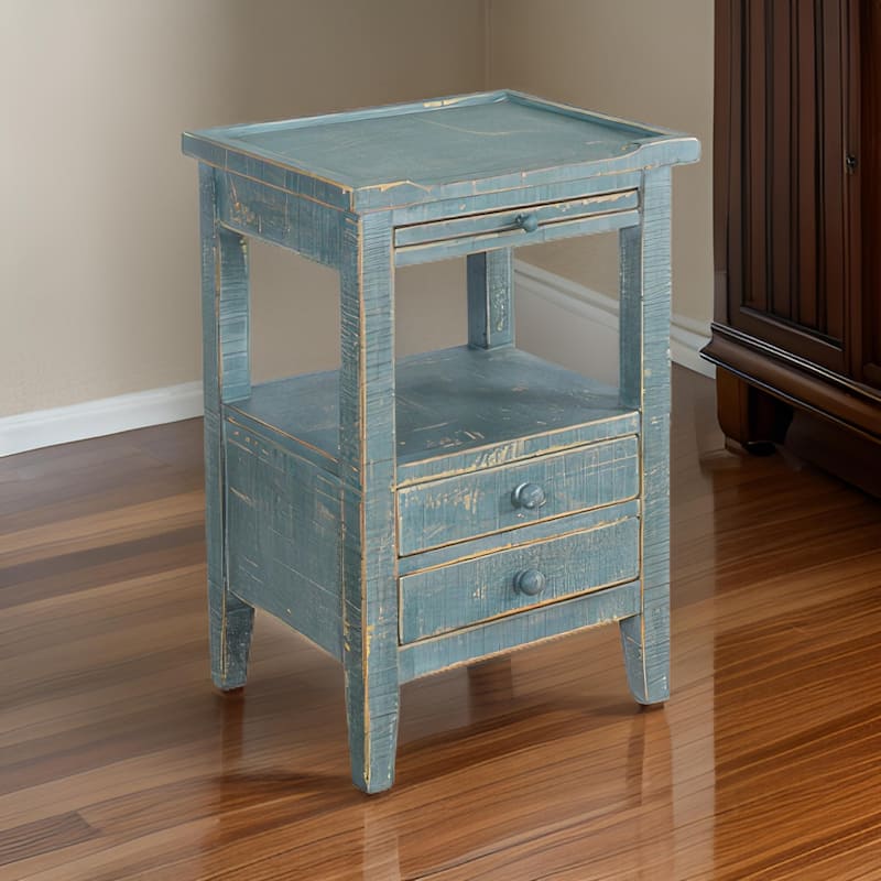 Rena Side End Table, 2 Drawers, Pull-Out Tray, 17 Inch Green Mahogany