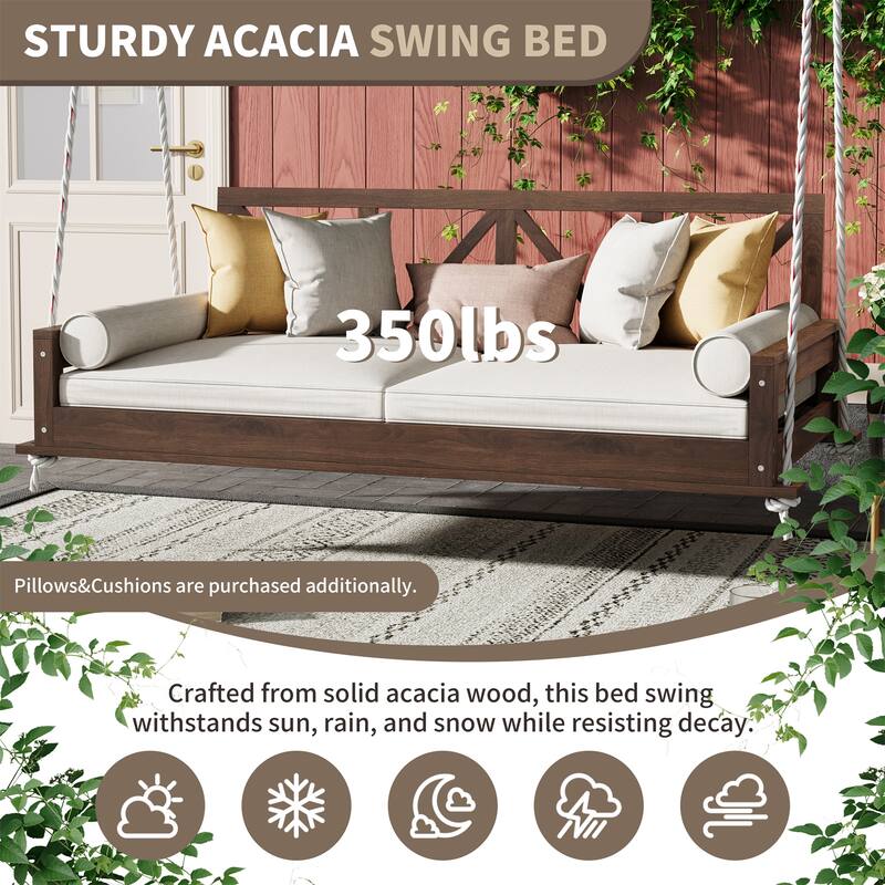 Wood Twin Size Patio Hanging Swing with Hemp Ropes (No Cushion,Pillow)