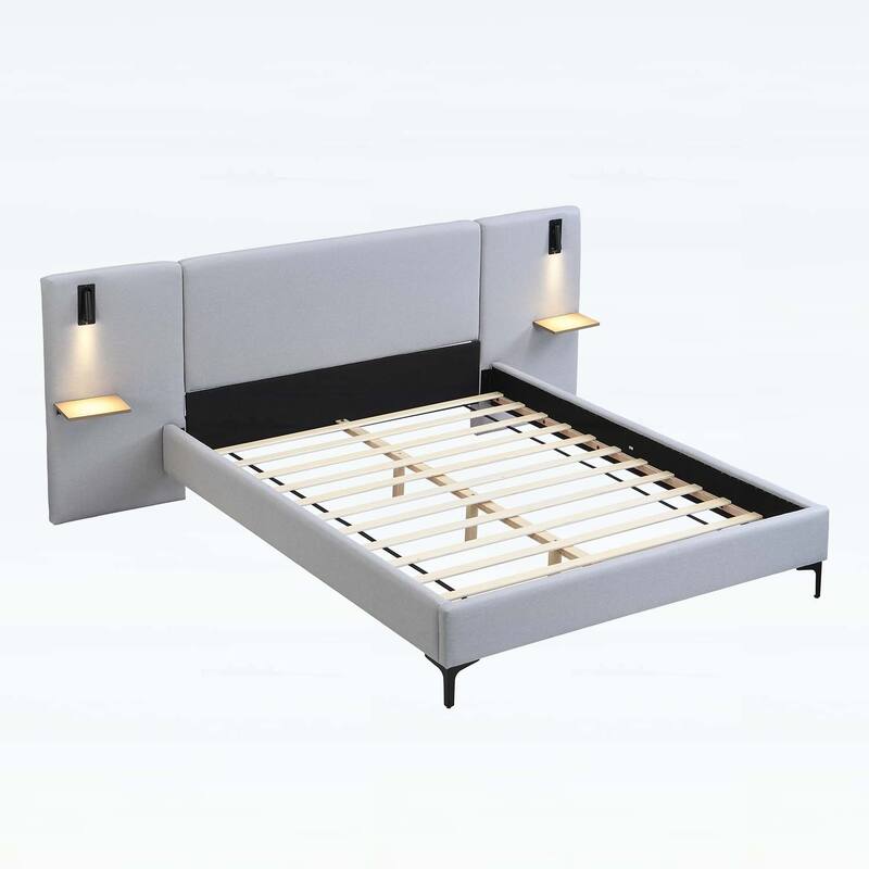 Stylish Design Linen Upholstered Bed with Integrated Lights and Shelves,for Modern and Rustic Interiors