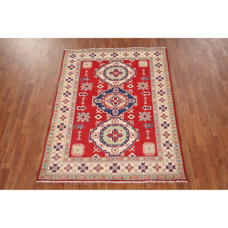 Geometric Kazak Oriental Rug Handmade Wool Carpet - 4'3" x 5'6"