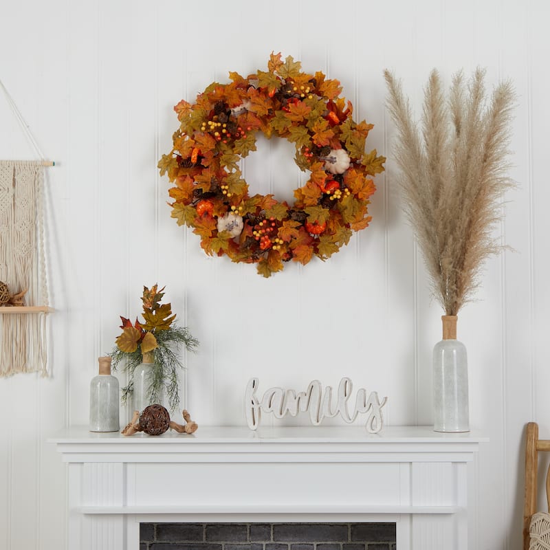 30" Autumn Pumpkin and Maple Leaf Artificial Fall Wreath - Green - 30