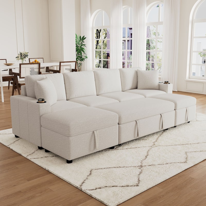 109.1 Inch Convertible Sleeper Sofa with Pull Out Bed, Luxurious Chenille Fabric Sectional Sofa Couch with Storage Ottoman