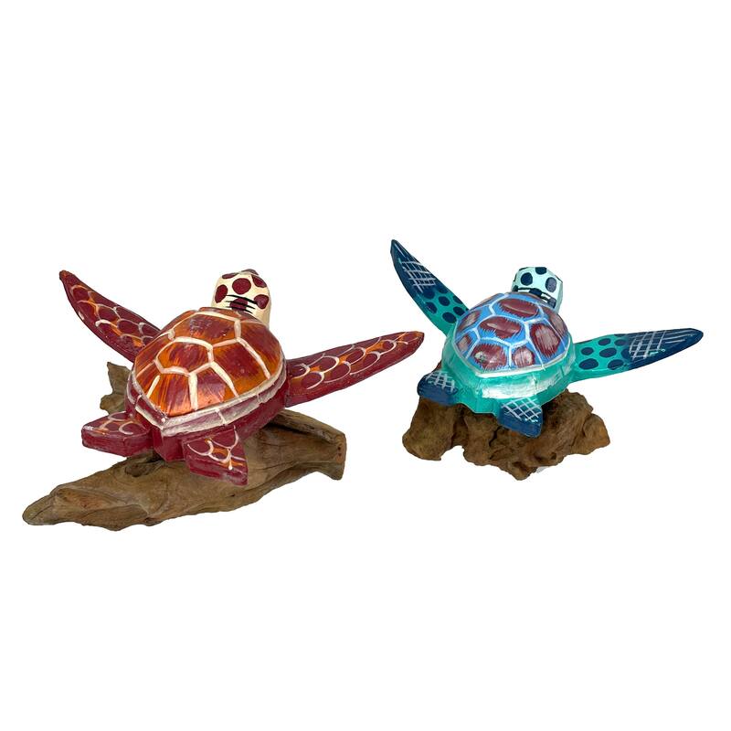 Handcrafted Sea Turtle Sculptures Set Of 2, Coastal Wood Art, Ocean - 4 X 7 X 5 inches