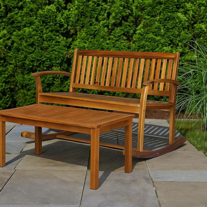 Outdoor Rocking Loveseat Bench, 50 Inch, Natural Brown Acacia Wood