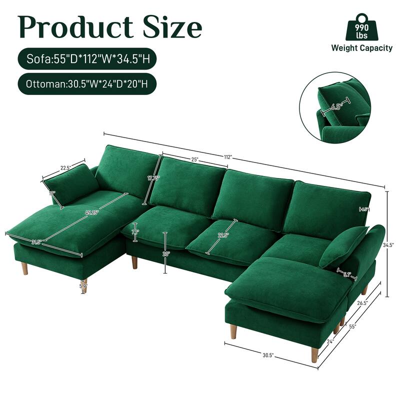 Modern U-Shaped Sectional Sofa Couch with Ottoman Chaise for Living Room