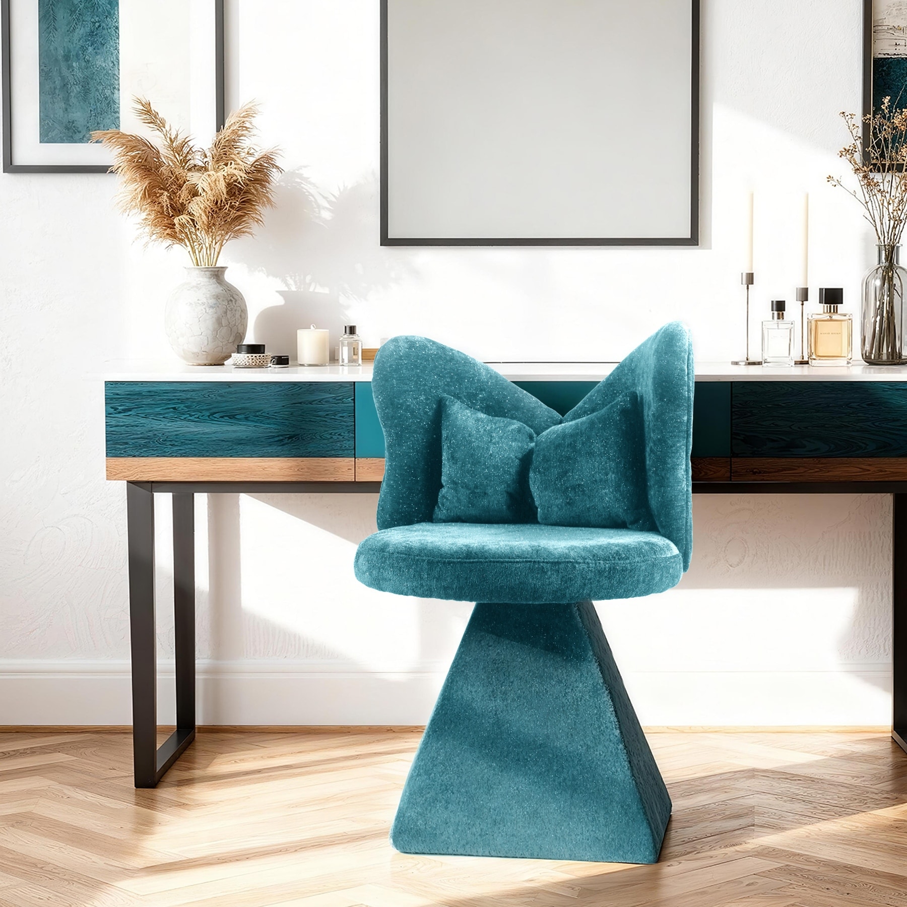 Vanity Chair Dressing Table Reception Chair with Butterfly Backrest, Swivel Chair Accent Chair Blue Dining Chair