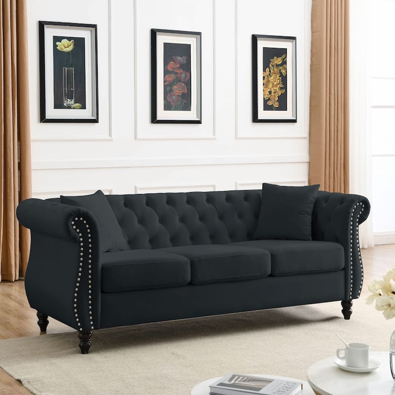 Anmytek 80 Inch Chesterfield Sofa Black Velvet Tufted 3 Seater Couch with Rolled Arms and Nailhead Trim and Two Pillows