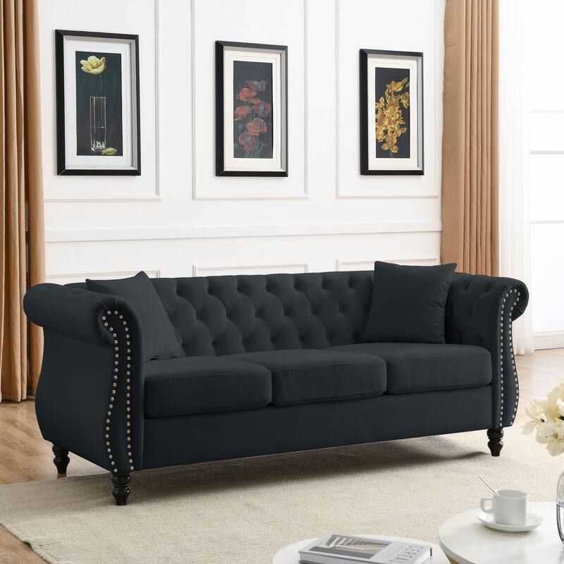 Chesterfield Black Velvet Sofa - 3-Seater Tufted Couch with Rolled Arms and Nailhead Trim, Includes Two Pillows for Living Room