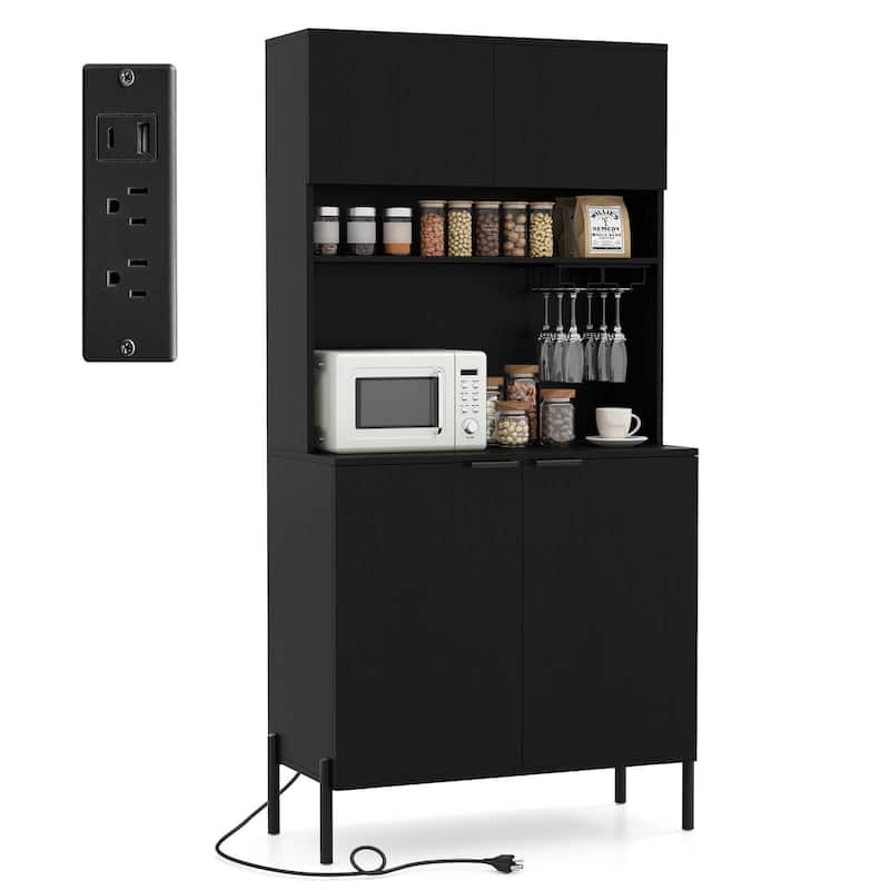 Costway 64.5” Kitchen Pantry Cabinet with Charging Station Wine Glass - See Details - Black