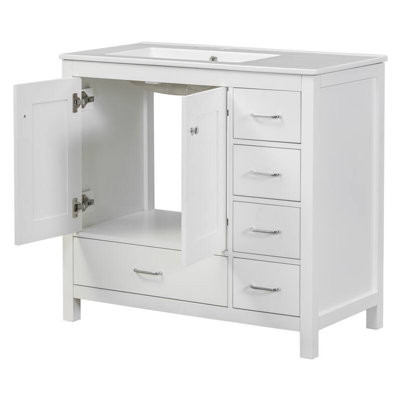 36" White Bathroom Vanity with Ceramic Sink Combo, 2 Soft-Close Cabinet Doors, 5 Drawers, Elegant Silver Handles