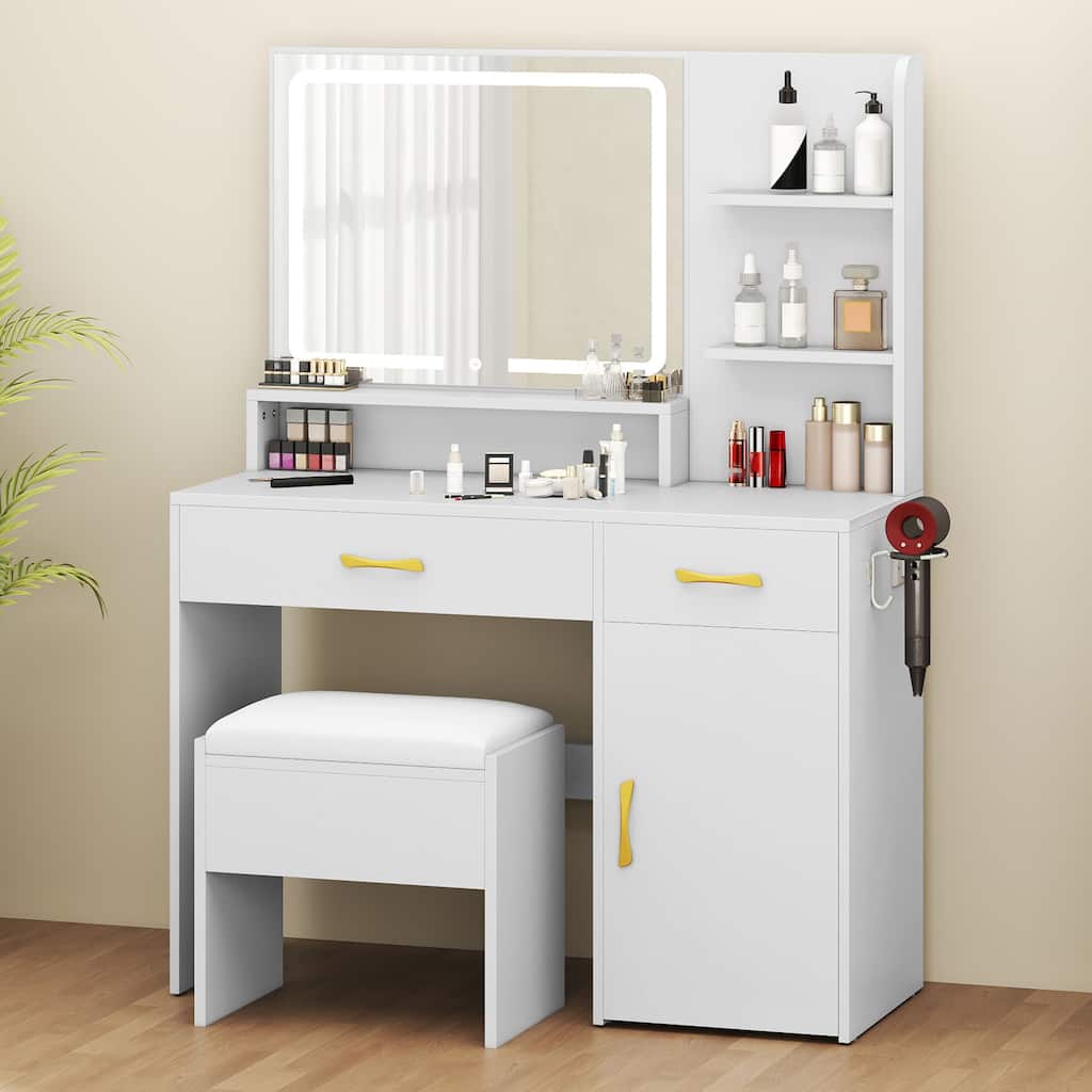 Vanity Desk with LED Mirror Power Strip