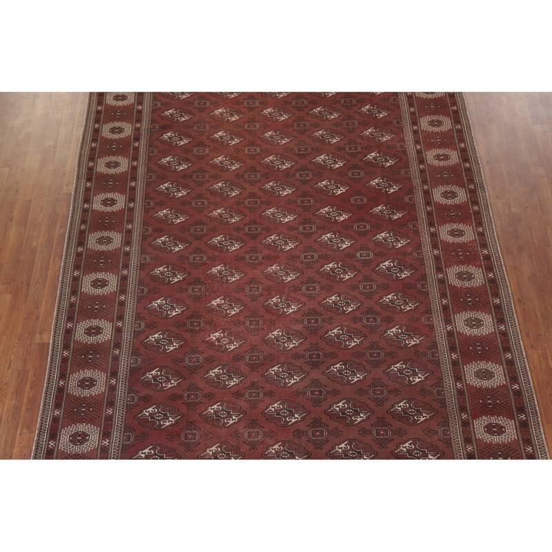 Hand Knotted Oriental 100% Wool Carpet Traditional All-Over Red Bokhara Area Rug - 12' 3'' X 8' 0''