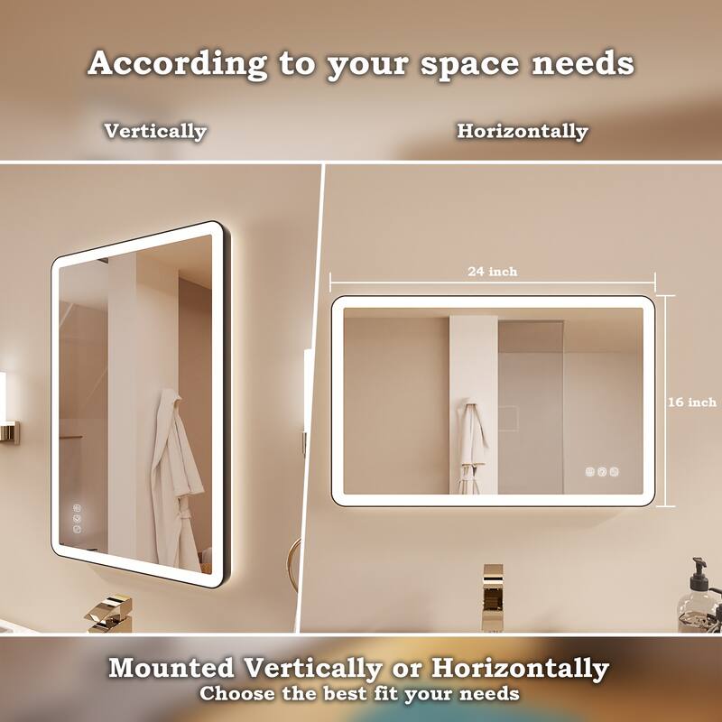 Rectangular Angle Rounded Framed Super Bright LED Wall Mounted Bathroom Vanity Mirror in Matte Black