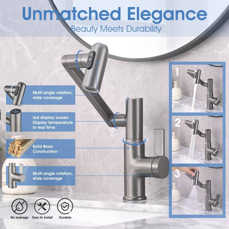 Bathroom Sink Faucet with Spray Temperature Display Anti Skid 360 Swivel​