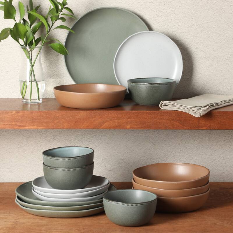 Gibson Elite Menlo Park 16-Piece Pottery Clay Stoneware Dinnerware Set - Reactive Glaze, Embossed, Service for 4