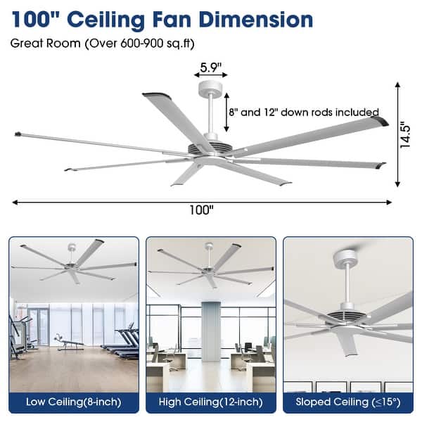 dimension image slide 0 of 2, 100" Indsutrial Black/ Silver/ White Extra Larger HVLS Commercial Ceiling Fan with Remote - 100" Huge Fan
