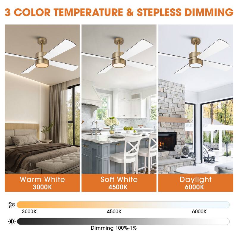 52-inch Natural Brass Plywood Indoor Downrod Mount Ceiling Fan with Integrated LED and Remote Control