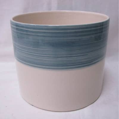 White With Blue Striped Border Planter