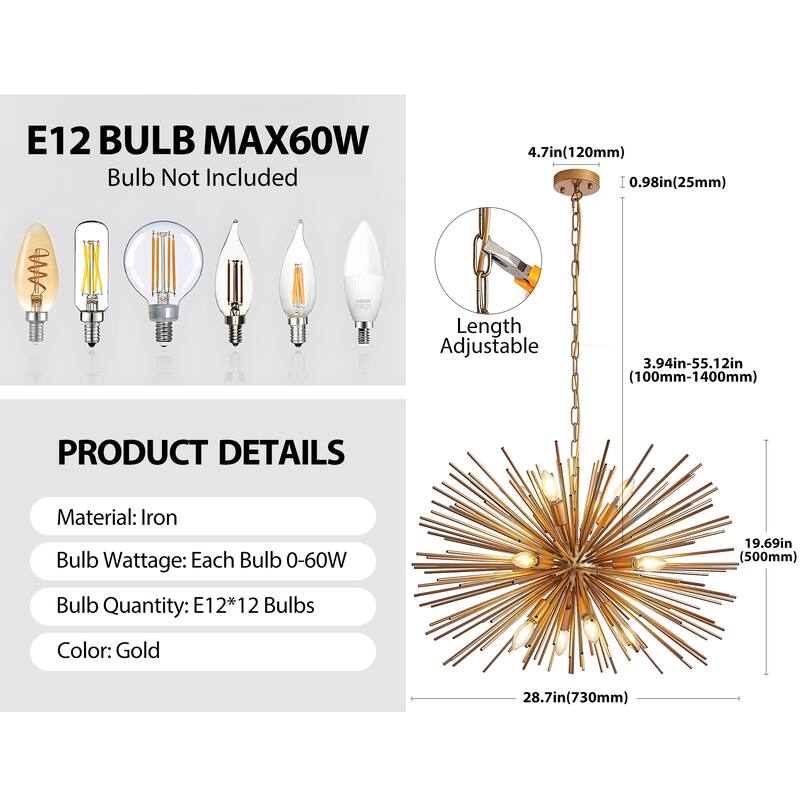 29" 12-Light Starburst Chandelier Gold Sputnik Pendant Light Fixture for Living Room, Dining Room(Bulb Not Included)