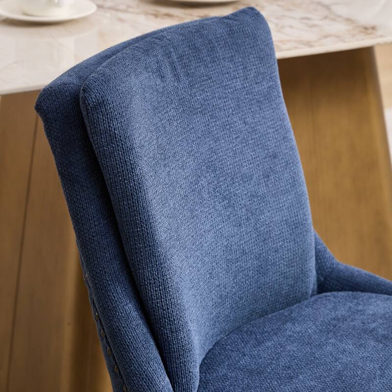 Double-layer Cushioned Dining Chairs Set of 2 Chenille Mid-Back Chair with Nailhead Trim Side Chair with Bent Wood Legs