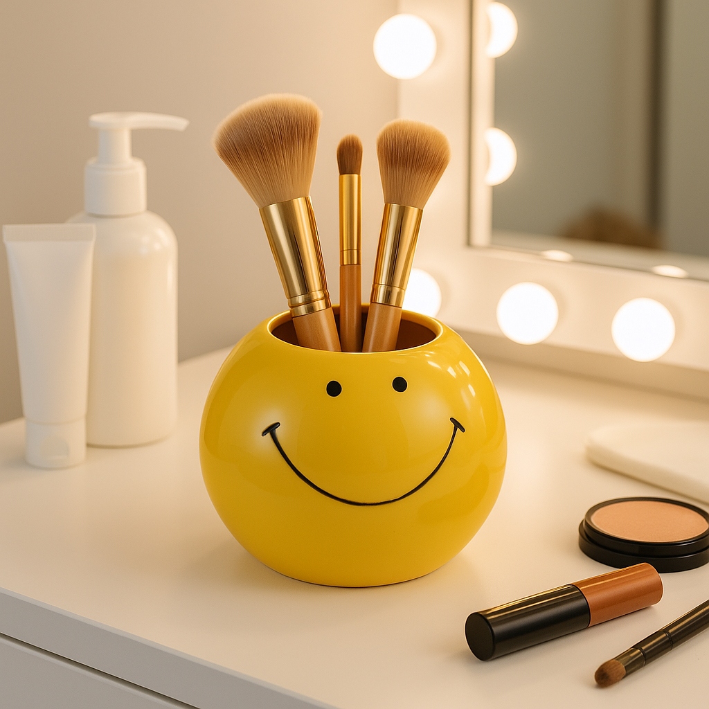 Chic Smiley Face Round Pencil Cup Storage - 4", Yellow & Black - 4.0"