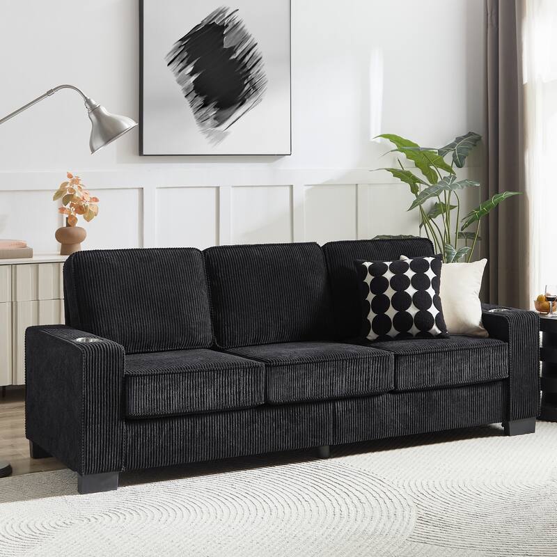 83.86"Corduroy Fabric sofa,Modern Compressed Couch,3-Seater Sofa, Furniture - Black