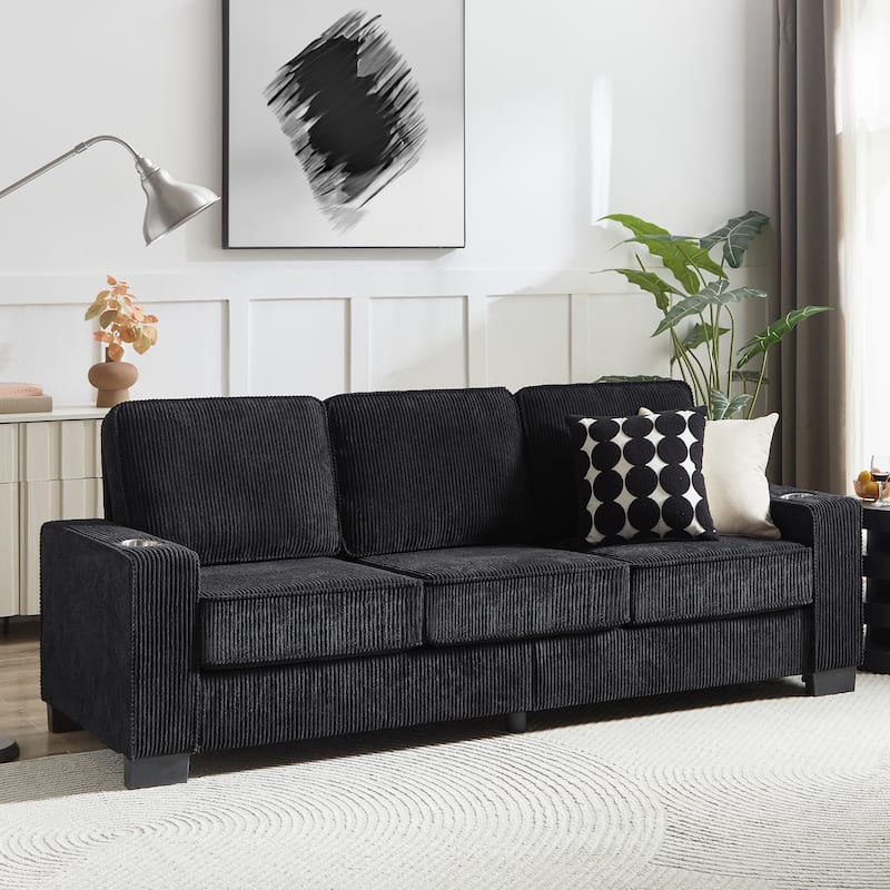 84.25" Corduroy 3-Seater Sofa, Cup Holder Armrests and Spring Cushions - Black