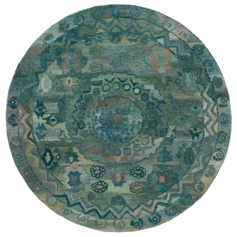 SAFAVIEH Handmade Anatolia Ramzia Traditional Rug - 6' Round - Aqua/Green
