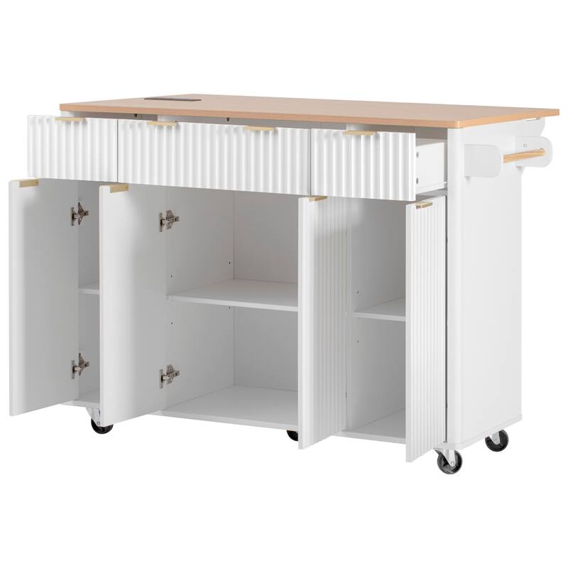 55.5"Fluted Kitchen Island with Storage,with Drop Leaf, Power Outlet, 4 Doors and 3 Drawers, Rolling Island with Wood-grain Top