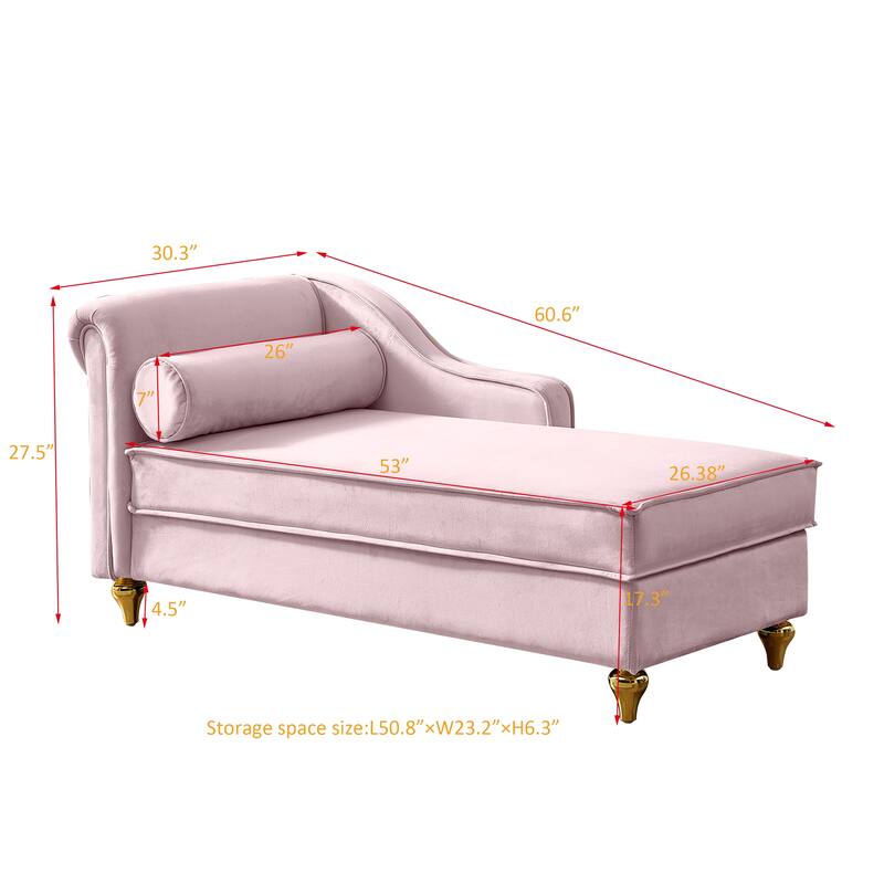 Modern 60.6" Velvet Upholstered Chaise Lounge Chair with Metal Legs and Storage