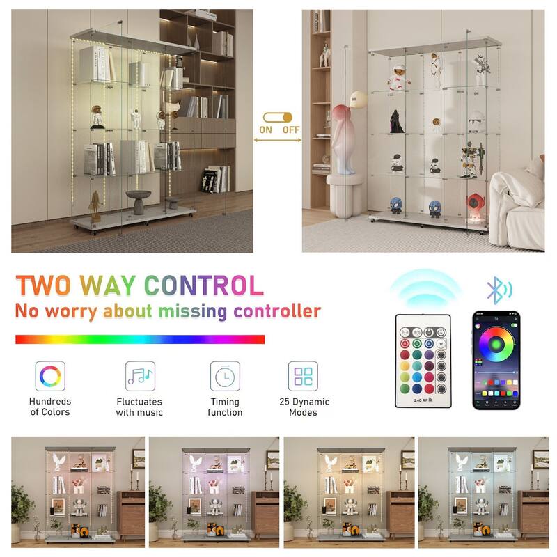 Tempered glass display cabinet with Bluetooth LED light strip,lock on the door,equipped with cast,easy to move,for living room