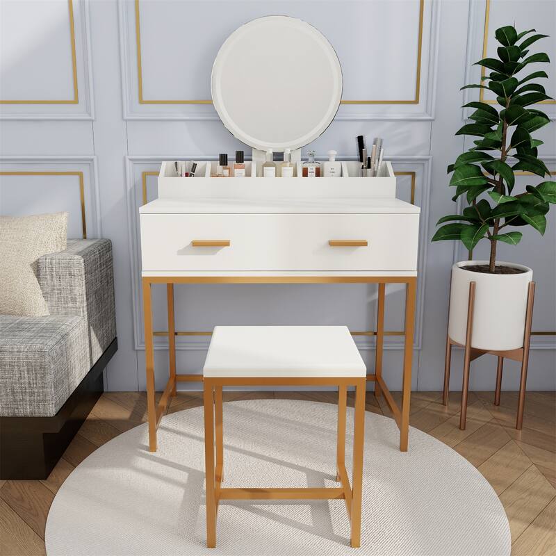 31.5" Wood Makeup Vanity Table with Mirror,Stool and Drawers