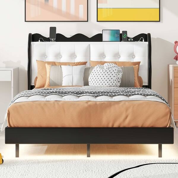 slide 2 of 35, Full Size Platform Bed with LED Light Strips and Headboard Storage Space Black