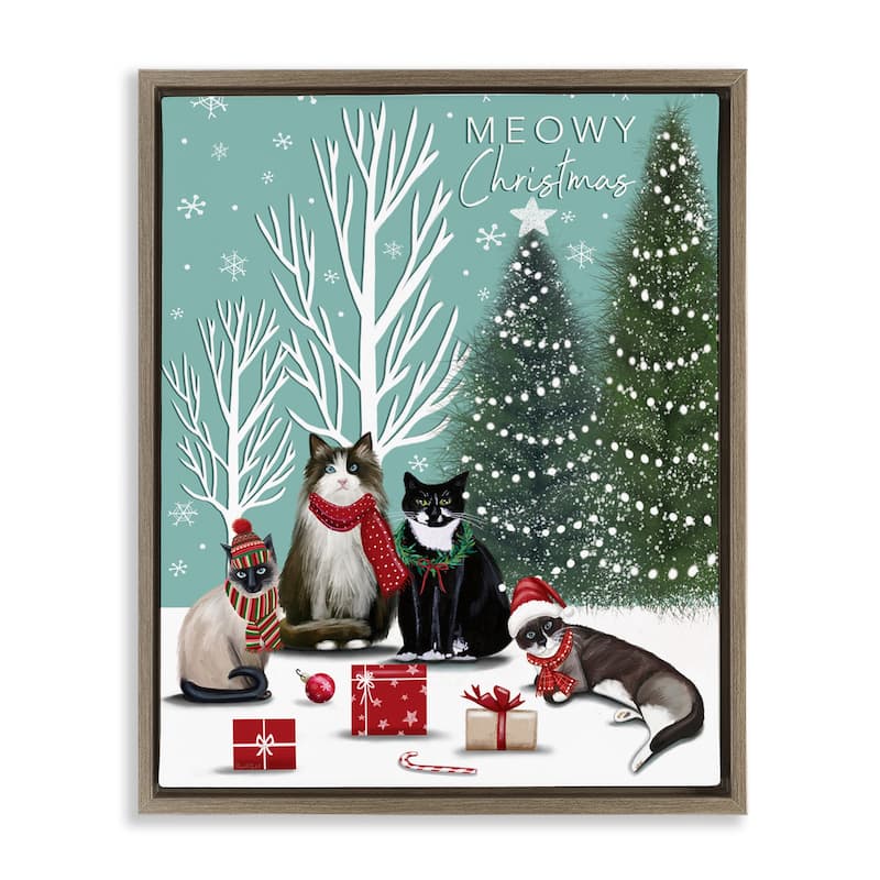 Stupell Festive Winter Cats Scene Framed Floater Canvas Wall Art Design By Elizabeth Tyndall - 17 x 21 - Brown