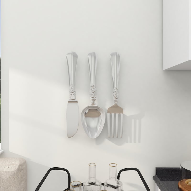 Aluminum Metal Large Knife, Spoon, and Fork Utensils Wall Decor (Set of 3) - Silver or Copper