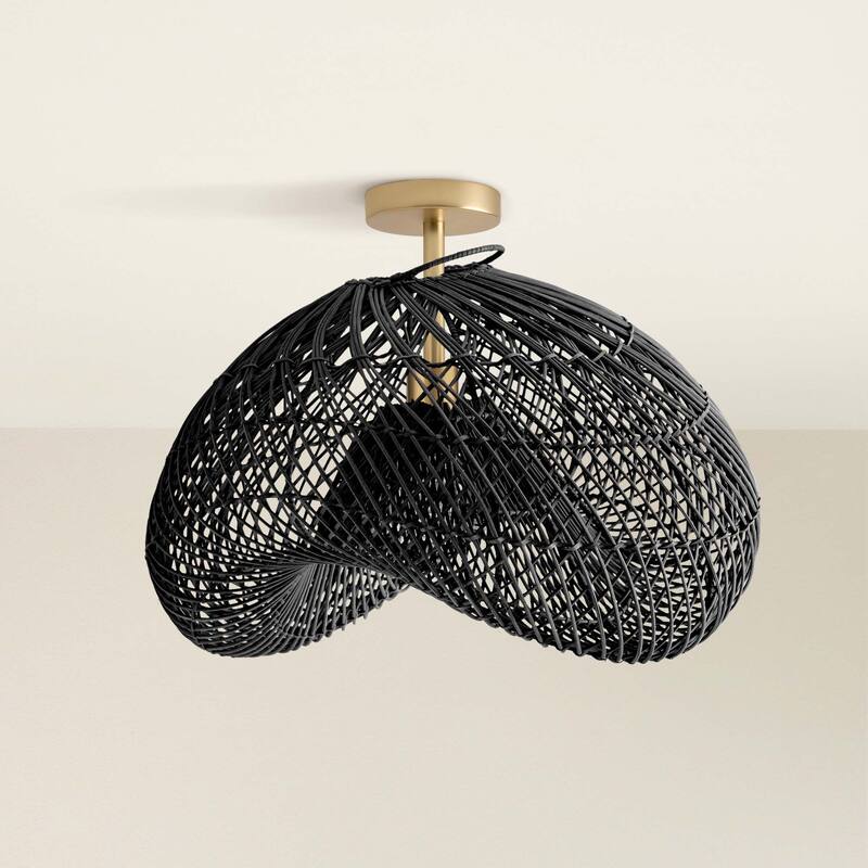 Lucian Rattan Flush Mount - Rattan Black 1-Light Handwoven Ceiling Light for Bedroom or Dining Room in Farmhouse, Country Style
