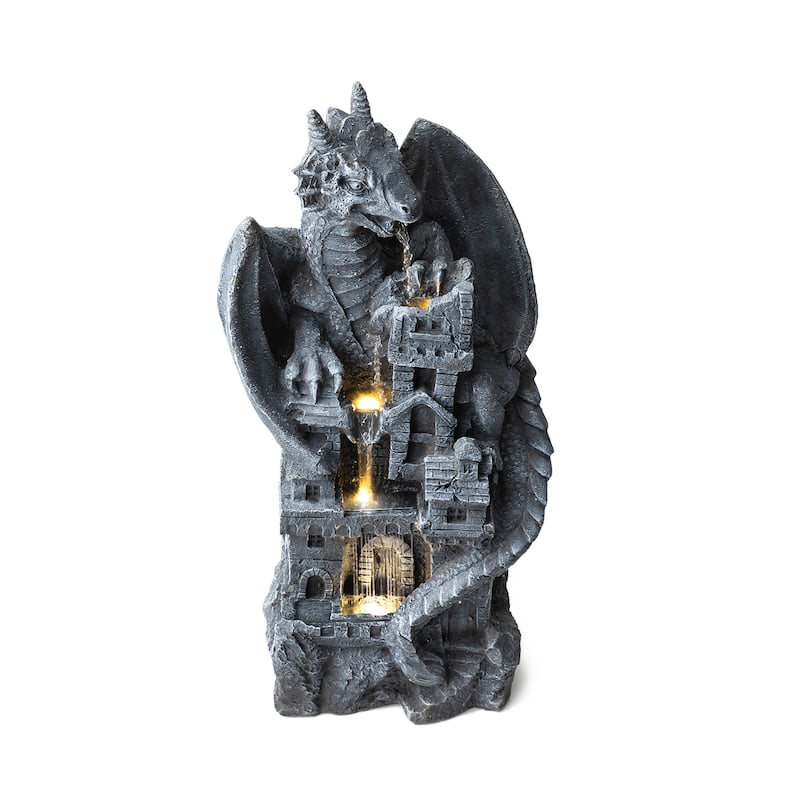 Glitzhome 36.5"H LED Mystical Gothic Dragon 4-Tier Polyresin Outdoor Floor Fountain - 36.5"