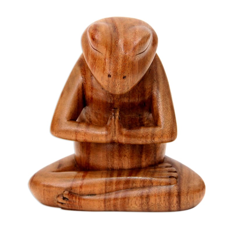 NOVICA Handmade Wood Sculpture, 'Asana Pose Yoga Frog' (Indonesia) - 5" H x 5.25" W x 3" D - Brown