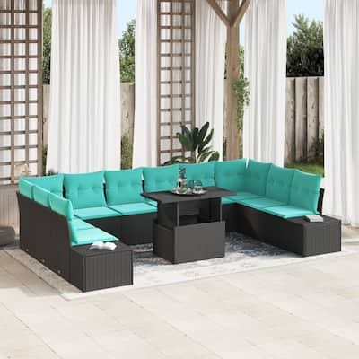vidaXL 11 Piece Garden Sofa Set with Cushions Black Poly Rattan - 135.4×82.3×27.2