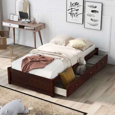 Black Pine Wood Twin Platform Bed with 3 Drawers, Sturdy Frame, Plywood Slats, and MDF Support - Space-Saving Storage Solution