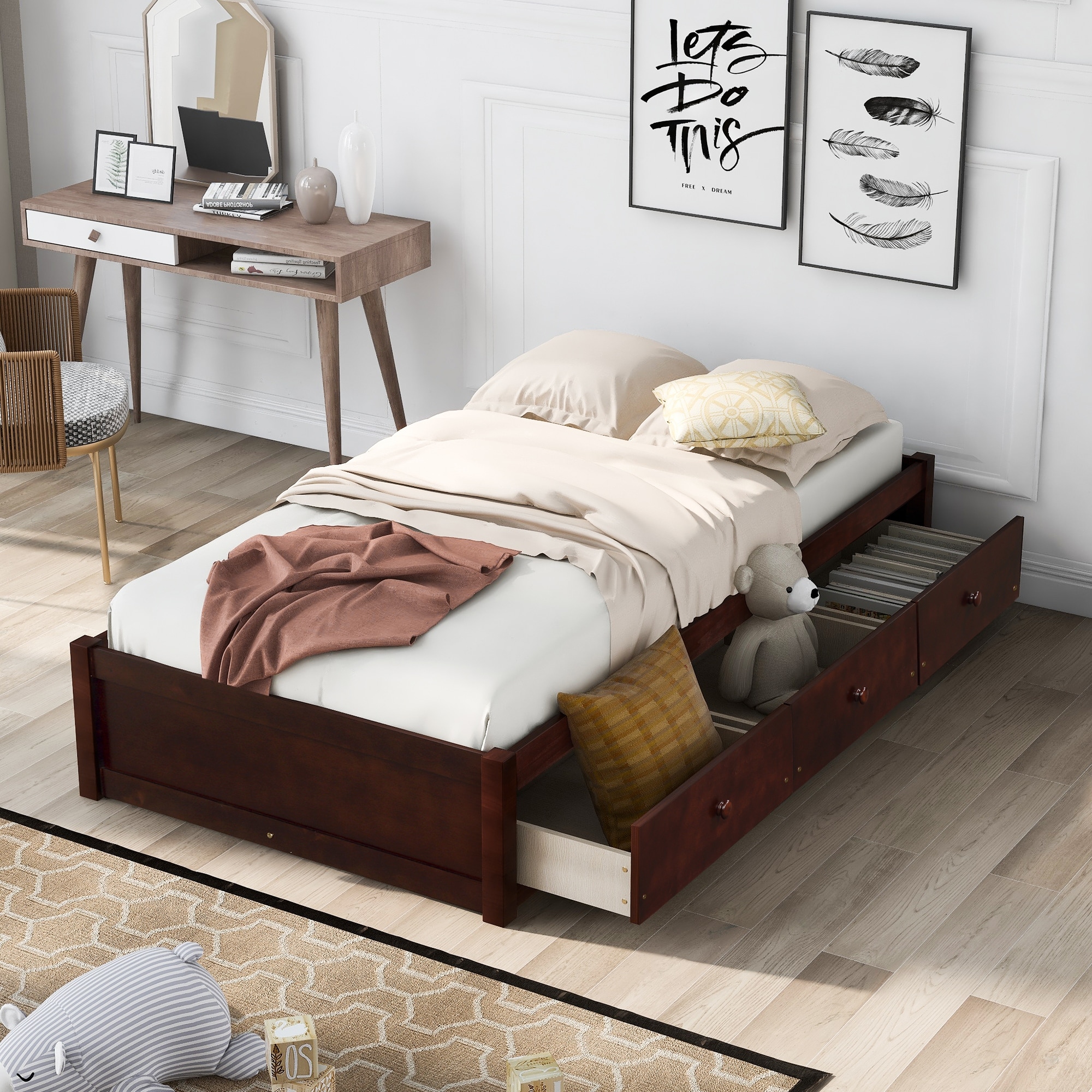 Twin platform bed outlet with storage drawers