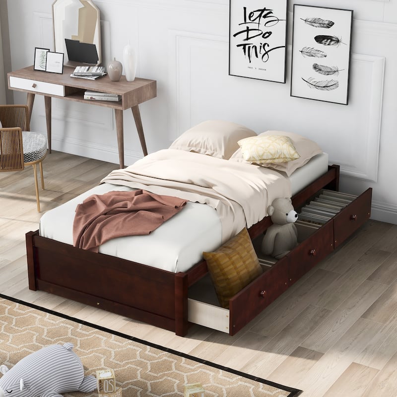 Twin Size Storage Platform Bed with 3 Drawers, Wood Slat Support, No Headboard