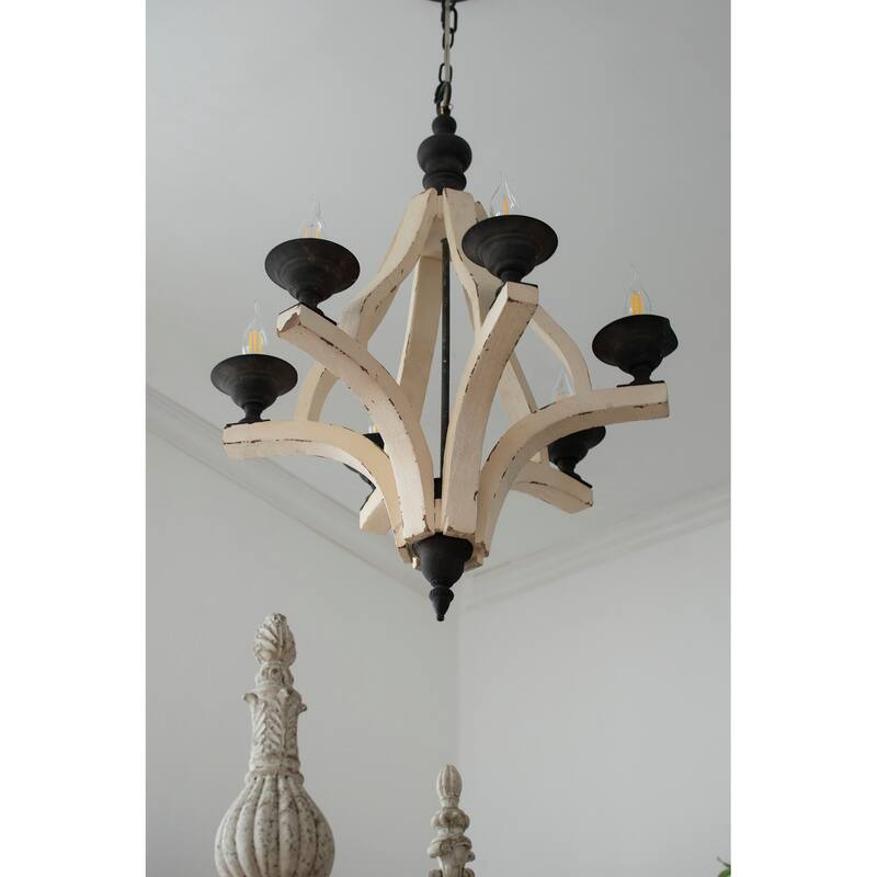 6-Light Wood Chandelier, Hanging Light Fixture with Adjustable Chain for Foyer Entryway, Pendant Ceiling Lighting Fixture