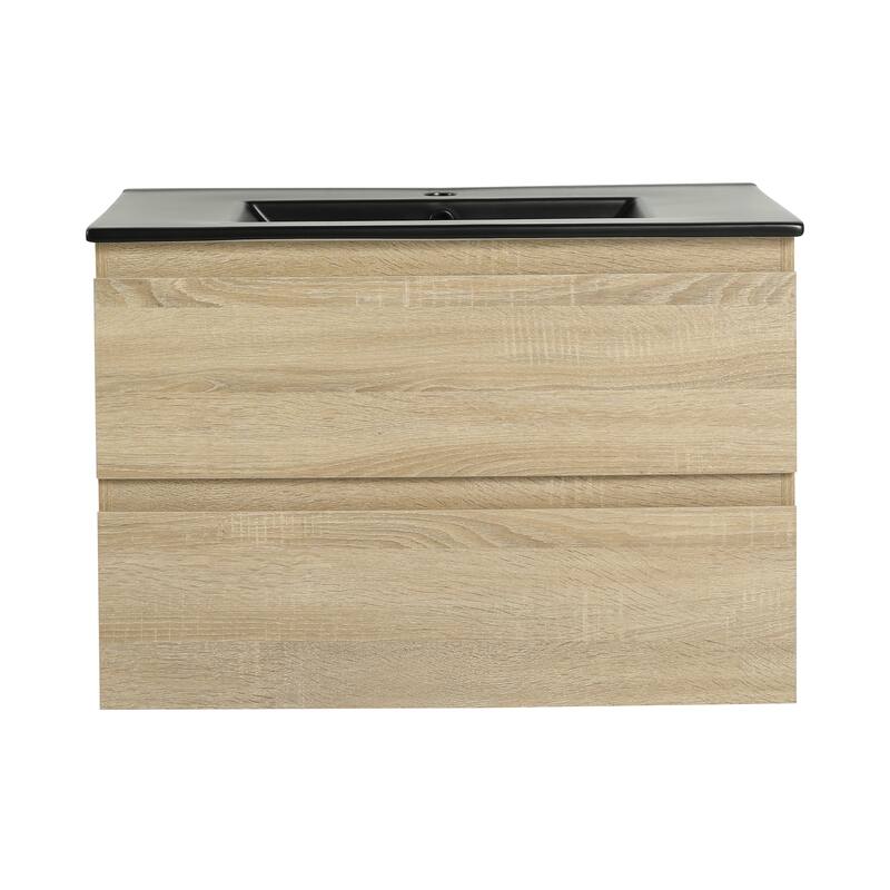Modern 24" Floating Bathroom Vanity with Black Ceramic Basin, Soft-Close Drawers, Water-Resistant Melamine Surface