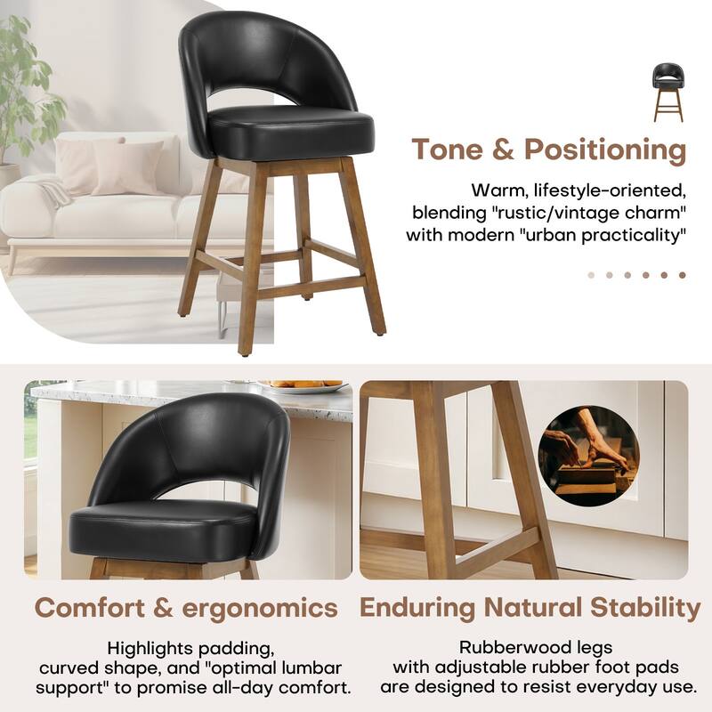 Upholstered Swivel Counter Height Bar Stools with Cutout Back and Solid Wood Frame - 38.2"H x 22.1"W x 23.6"D