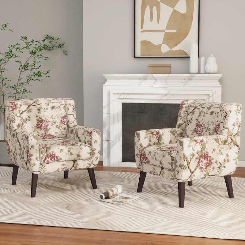 Modern Upholstered Faux Leather Tufted Armchair Linen Accent Chairs - Set of 2 Chairs - Pattern Floral/Linen