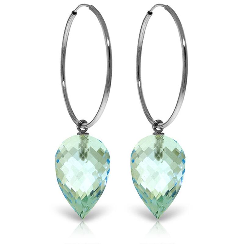 14K Solid Gold Hoop Earrings w/ Pointy Briolette Drop Blue Topaz - White