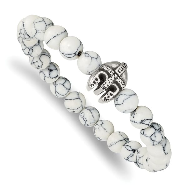 slide 1 of 3, Chisel Stainless Steel Antiqued and Polished White Howlite Warrior Stretch Bracelet