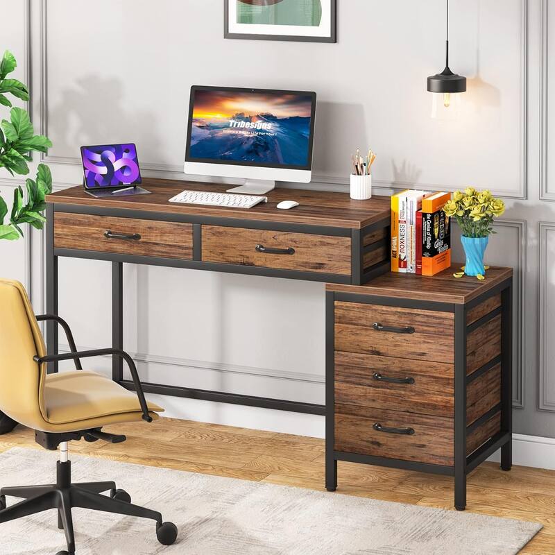 Modern Computer Desk with 5 Drawers, Home Office Desks with Reversible Drawer Cabinet Printer Stand