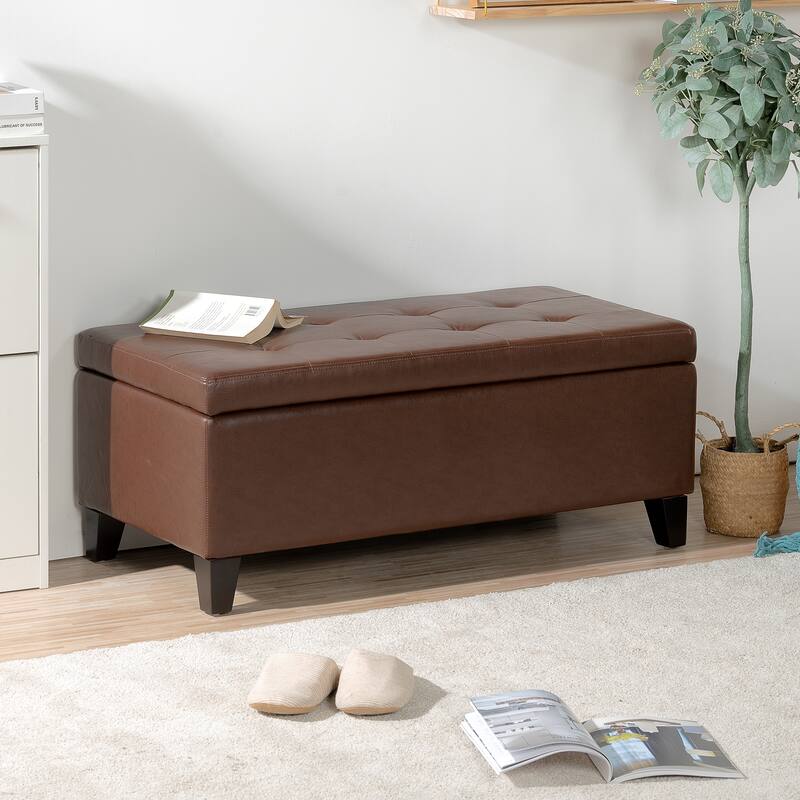 Storage Ottoman with Wooden Legs, Faux Leather Ottoman with Storage for Living Room, Bedroom & Hallway, Ottoman Foot Rest